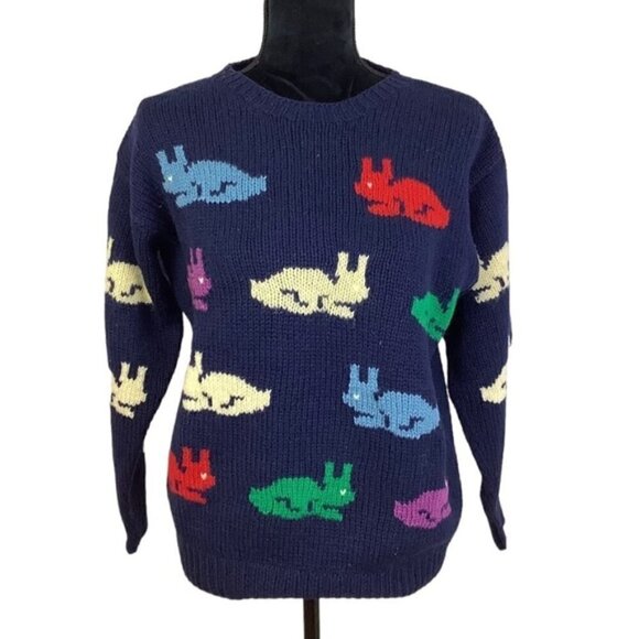 VINTAGE WOOL HANDKNIT DEANS OF SCOTLAND BUNNY PRINT SWEATER - Picture 1 of 7